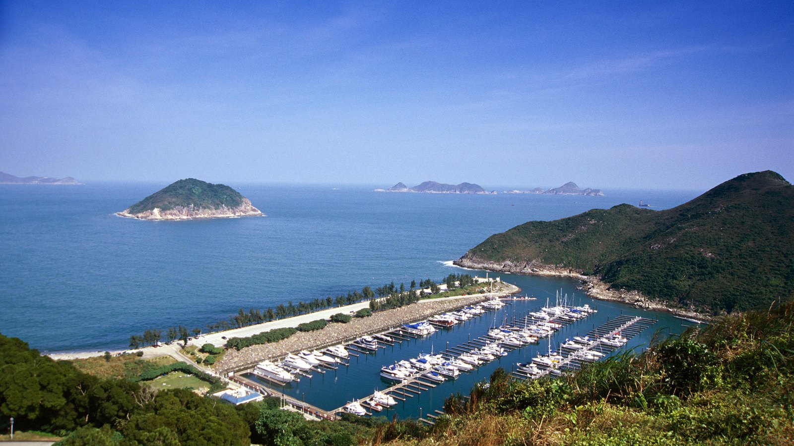 Clearwater Bay Marina from the hills above, with the islands beyond